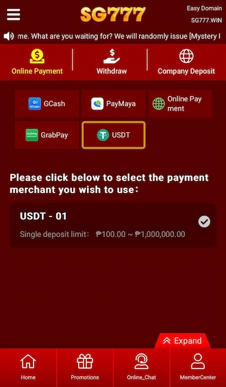 Step 1: Choose the payment method via USDT. Then choose the appropriate payment channel.