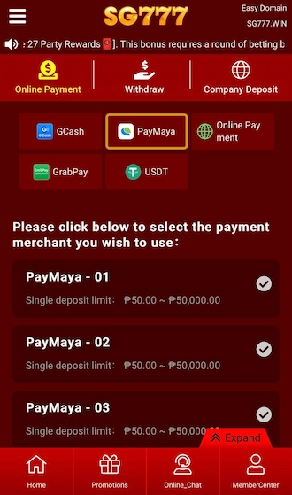 Step 1: select the payment method via PayMaya. Continue to select a suggested payment channel.