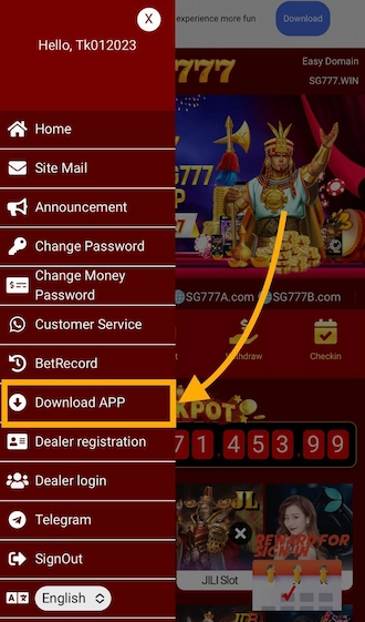 Step 1: Login to SG777 online casino and select “Download APP”.