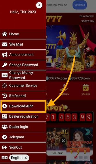 Step 1: Login to SG777 online casino and select "Download APP".